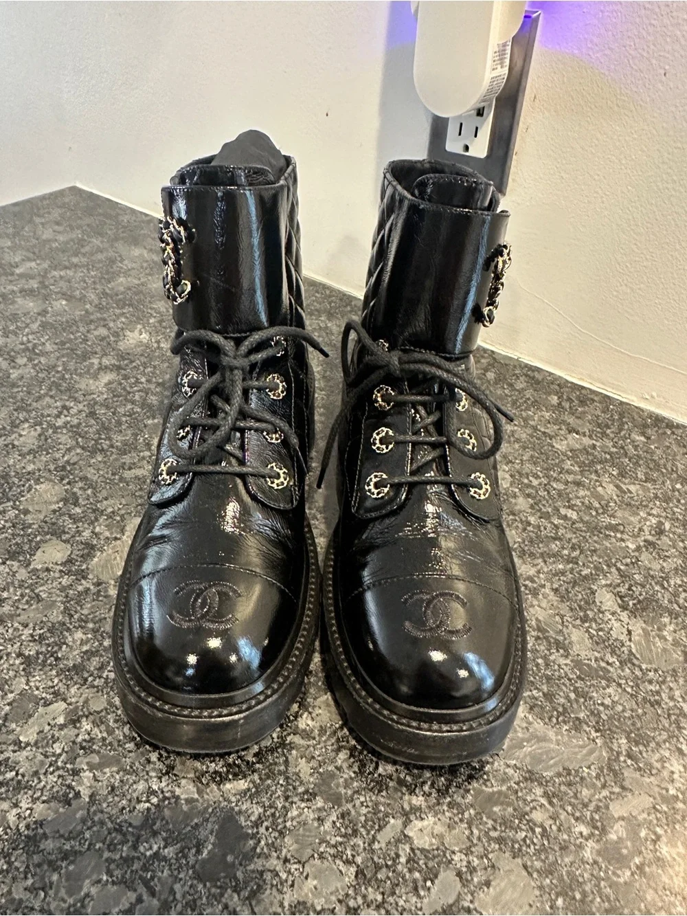 CHANEL Black Patent Leather Quilted Lace-Up Combat Boots with Gold Hardware